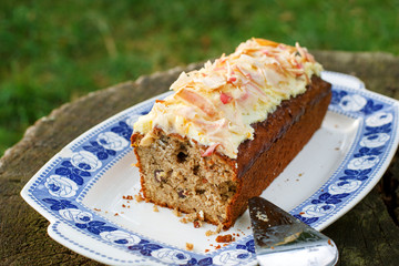 homemade apple cake with pecan nuts and cinnamon.
