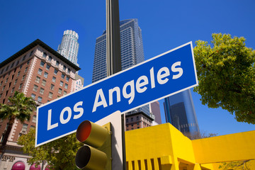 Obraz premium LA Los Angeles sign in redlight photo mount on downtown