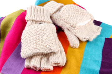 Obraz na płótnie Canvas Wool fingerless gloves and multicolor scarf, isolated on white