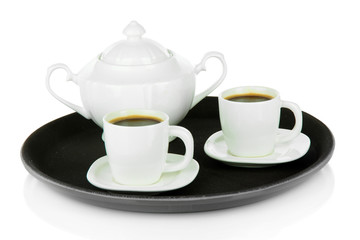 Cups of coffee on tray isolated on white