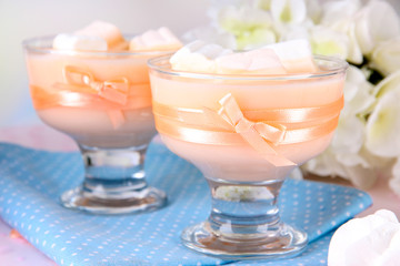 Tasty yogurt with marshmallows, close up