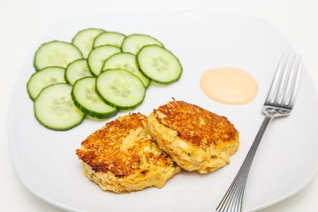 Fried Crab Cakes with Sliced Cucumbers