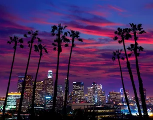 Papier Peint photo Lavable Los Angeles Centre-ville de LA nuit Los Angeles sunset skyline Californie