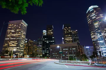 Wandcirkels aluminium Downtown LA night Los Angeles sunset skyline California © lunamarina