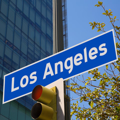 Naklejka premium LA Los Angeles sign in redlight photo mount on downtown