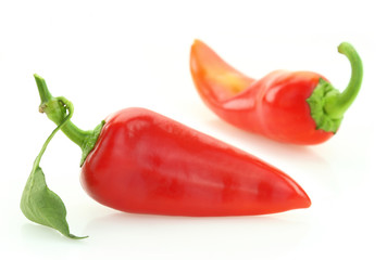 Two red peppers close-up isolated on white