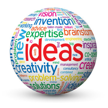"IDEAS" Tag Cloud Globe (innovation solutions creativity smart)