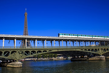 Parisian metro train crossing Passy bridge