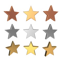 3d set of gold, silver and bronze stars