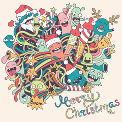 Christmas background with cute crazy monsters