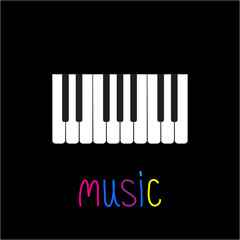Piano Keys with word Music. Black background. Card