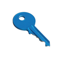 Una llave azul aislada en fondo blanco.