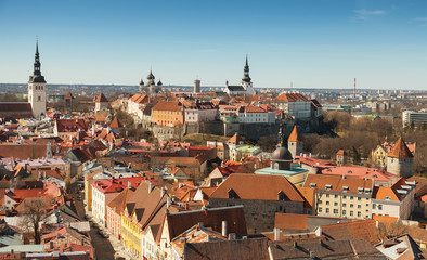 Naklejka na ściany i meble Wide Aerial panorama on old town of Tallinn, Estonia