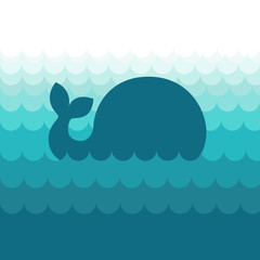 Fototapeta premium Blue vector whale in the sea waves, simple style