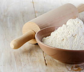 Flour on a wooden table
