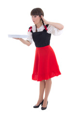 Surprised bavarian girl with tray isolated over white