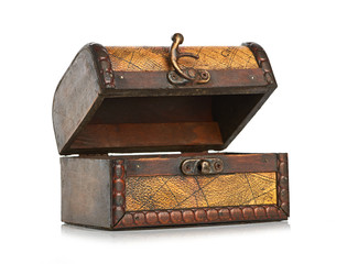 open wooden chest isolated on white background