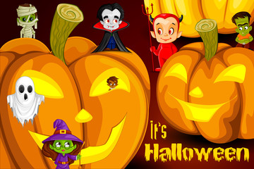 illustration of Halloween background with monsters and pumpkin