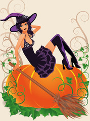 Halloween witch and pumpkin, vector illustration
