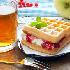 waffles with cream and jam