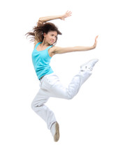 Modern sport girl woman dancer jumping pose dancing