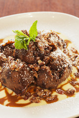 chocolate turtle beignets with creme anglais