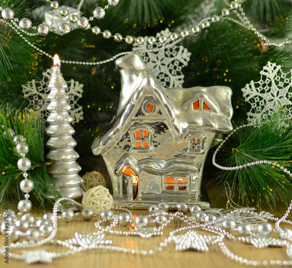 Wall mural Christmas house on conifer background 2