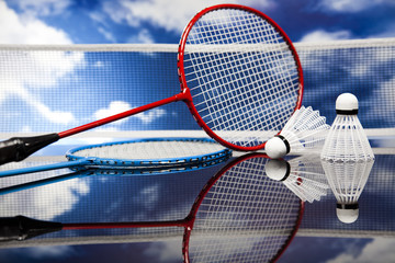 Shuttlecock on badminton racket 