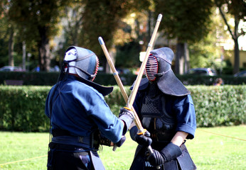 fight between martial arts warriors with mask on face and the wo