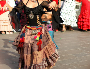 flamenco dancers expert and Spanish dance with elegant costumes