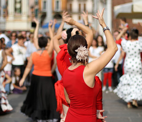 flamenco dancers expert and Spanish dance with period costumes - obrazy, fototapety, plakaty