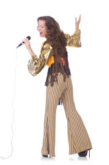 Woman in spanish clothing with mic