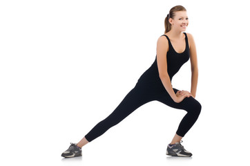 Young woman doing exercises on white