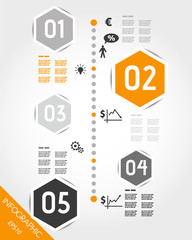 orange timeline with hexagonal business icons