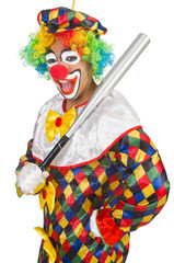 Clown with baseball bat isolated on white