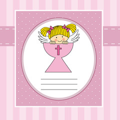 First communion card. Angel in the holy grail. Girl