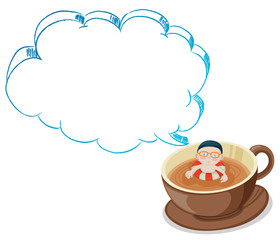 A young boy swimming on a cup of choco with an empty callout