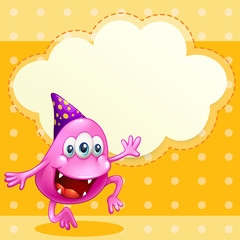 A beanie monster with a purple hat celebrating