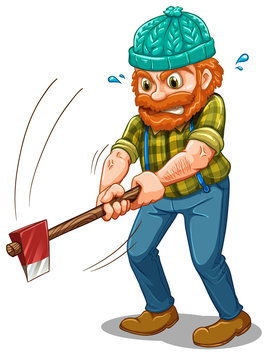A tired lumberjack with an axe