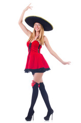 Model in red dress wearing sombrero