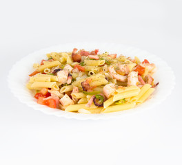 Macaroni with sea food isolated over white background