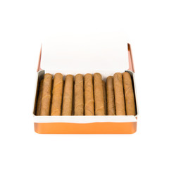 Cigarillo inside a steel box over white background.