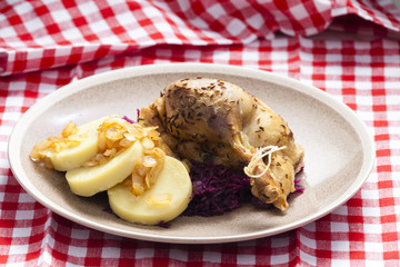 duck meat with potato dumlings and red cabbage