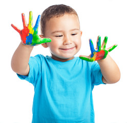 Child with painted hands on a white background