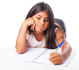 girl doing homeworks on a white background