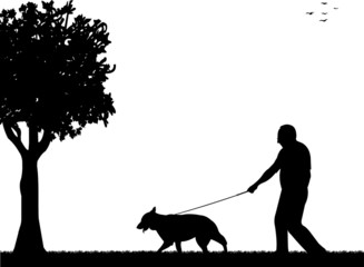 Man walking with his dog in the park silhouette layered