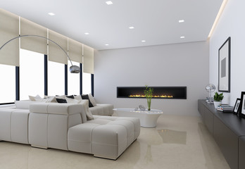 Contemporary interior, a living room with a flat gas fireplace
