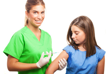 nurse injecting to a girl on a white background