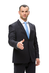 Half-length portrait of business man handshake gesturing
