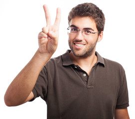 man doing victory symbol on a white background